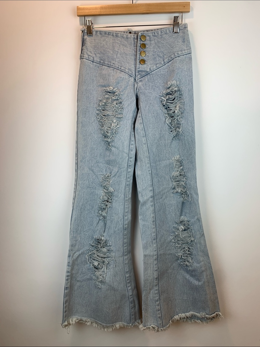 Chintamani Alchemistry blue flared denim pant sz S cotton distressed boho whimsy